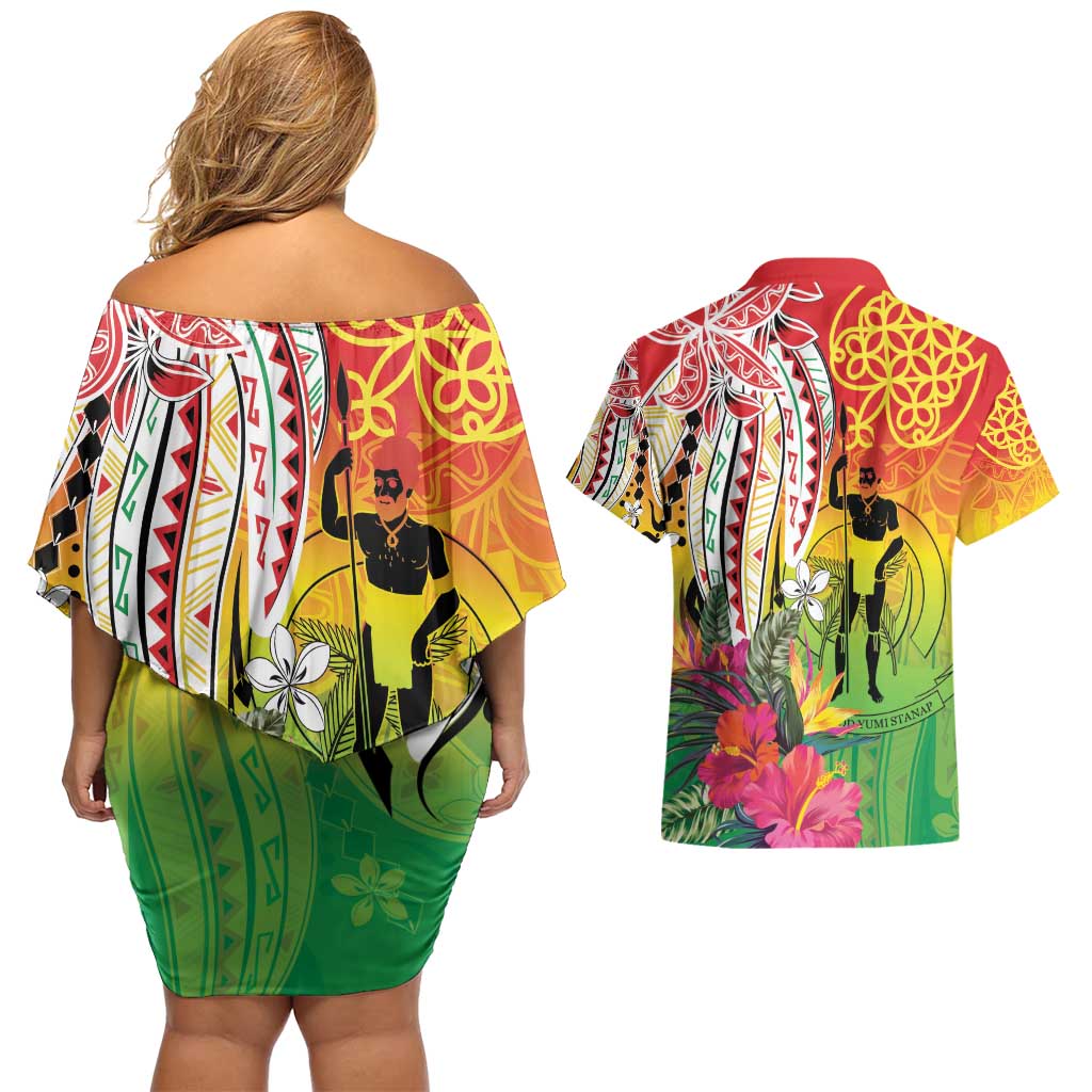 Vanuatu 45th Anniversary Couples Matching Off Shoulder Short Dress and Hawaiian Shirt Polynesian with Sand Drawing Pattern