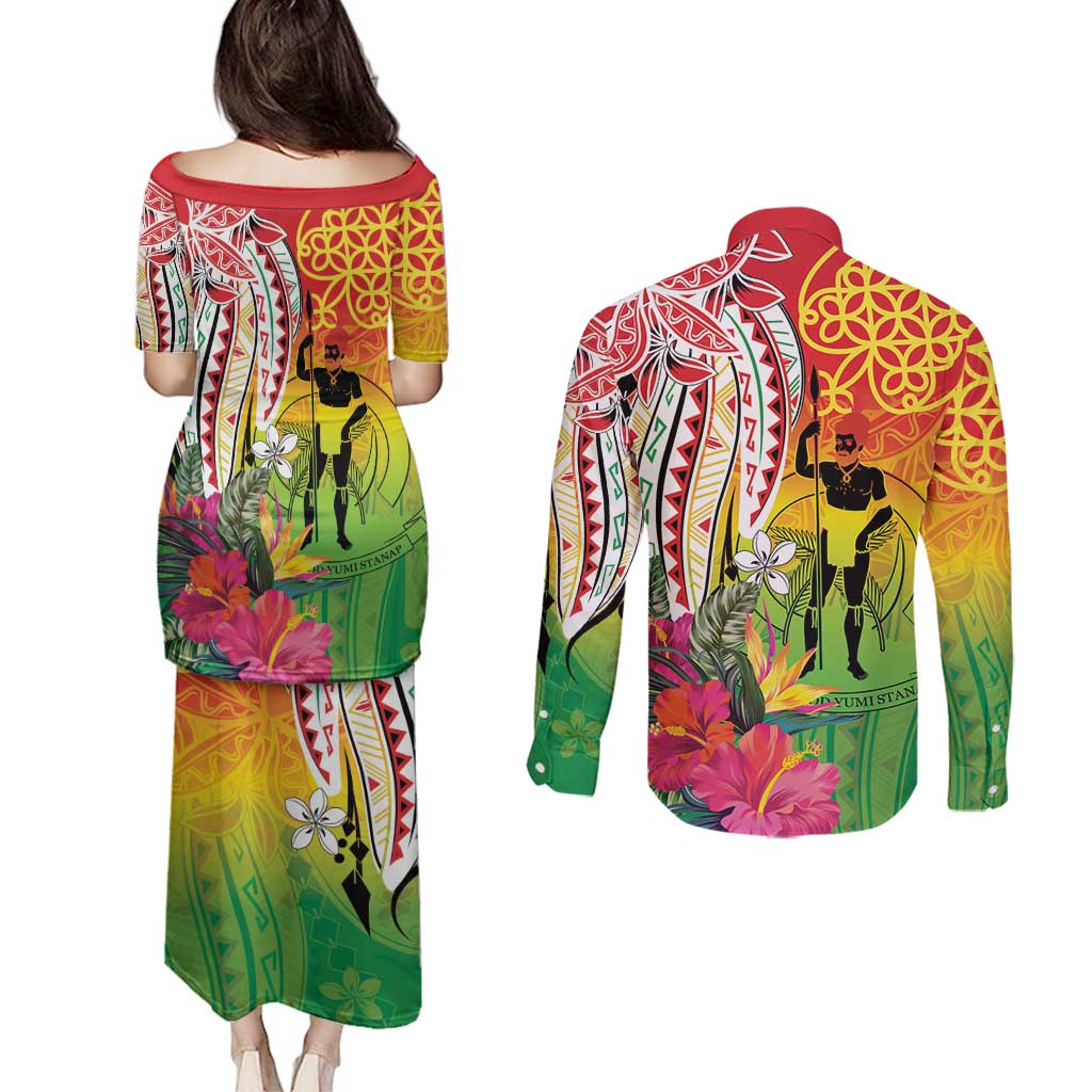 Vanuatu 45th Anniversary Couples Matching Puletasi and Long Sleeve Button Shirt Polynesian with Sand Drawing Pattern