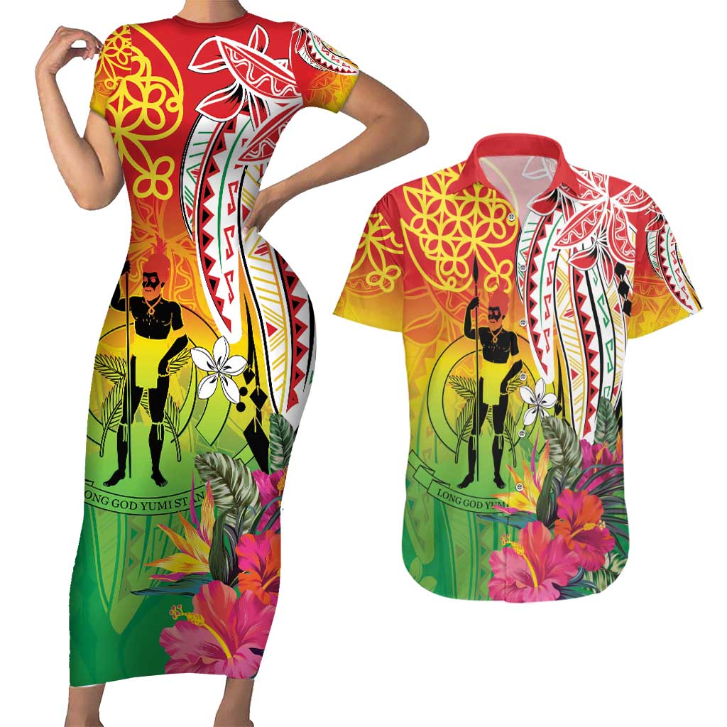 Vanuatu 45th Anniversary Couples Matching Short Sleeve Bodycon Dress and Hawaiian Shirt Polynesian with Sand Drawing Pattern