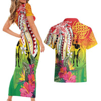 Vanuatu 45th Anniversary Couples Matching Short Sleeve Bodycon Dress and Hawaiian Shirt Polynesian with Sand Drawing Pattern