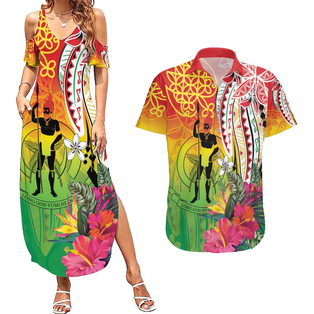 Vanuatu 45th Anniversary Couples Matching Summer Maxi Dress and Hawaiian Shirt Polynesian with Sand Drawing Pattern