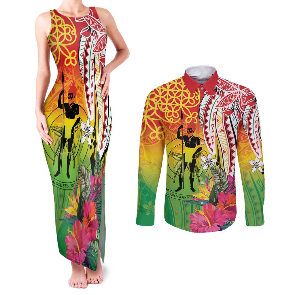 Vanuatu 45th Anniversary Couples Matching Tank Maxi Dress and Long Sleeve Button Shirt Polynesian with Sand Drawing Pattern LT9 Red - Polynesian Pride