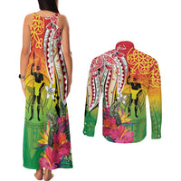 Vanuatu 45th Anniversary Couples Matching Tank Maxi Dress and Long Sleeve Button Shirt Polynesian with Sand Drawing Pattern LT9 - Polynesian Pride