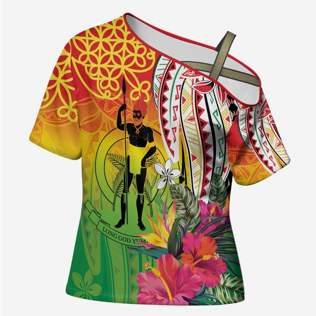 Vanuatu 45th Anniversary Cross Shoulder Shirt Polynesian with Sand Drawing Pattern - Polynesian Pride