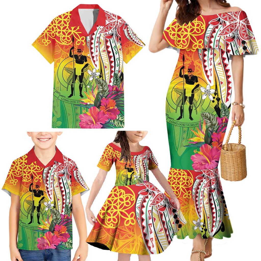Vanuatu 45th Anniversary Family Matching Mermaid Dress and Hawaiian Shirt Polynesian with Sand Drawing Pattern
