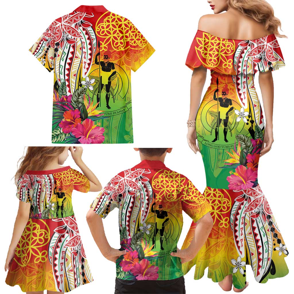 Vanuatu 45th Anniversary Family Matching Mermaid Dress and Hawaiian Shirt Polynesian with Sand Drawing Pattern