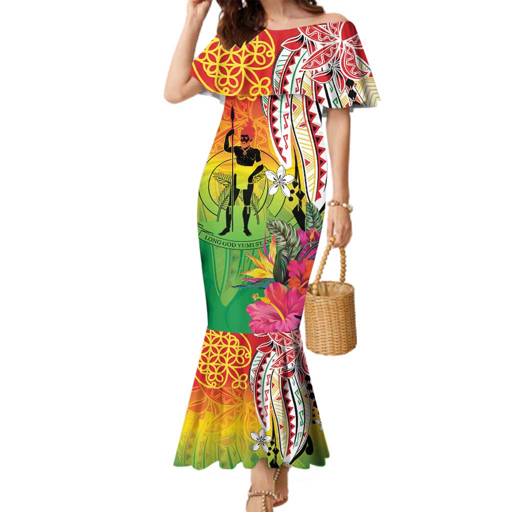 Vanuatu 45th Anniversary Family Matching Mermaid Dress and Hawaiian Shirt Polynesian with Sand Drawing Pattern