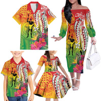 Vanuatu 45th Anniversary Family Matching Off The Shoulder Long Sleeve Dress and Hawaiian Shirt Polynesian with Sand Drawing Pattern