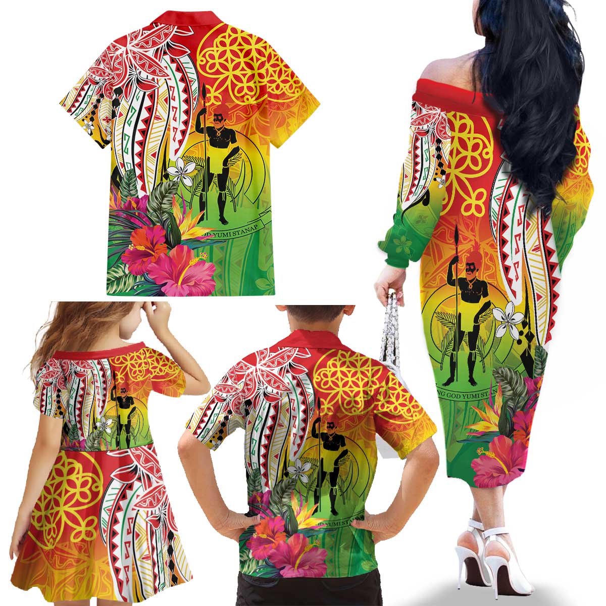 Vanuatu 45th Anniversary Family Matching Off The Shoulder Long Sleeve Dress and Hawaiian Shirt Polynesian with Sand Drawing Pattern