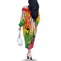 Vanuatu 45th Anniversary Family Matching Off The Shoulder Long Sleeve Dress and Hawaiian Shirt Polynesian with Sand Drawing Pattern
