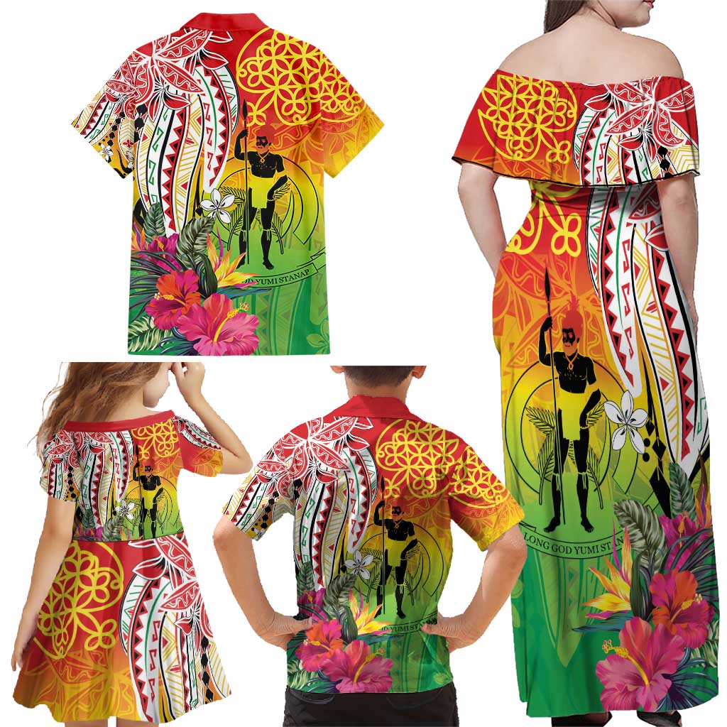 Vanuatu 45th Anniversary Family Matching Off Shoulder Maxi Dress and Hawaiian Shirt Polynesian with Sand Drawing Pattern