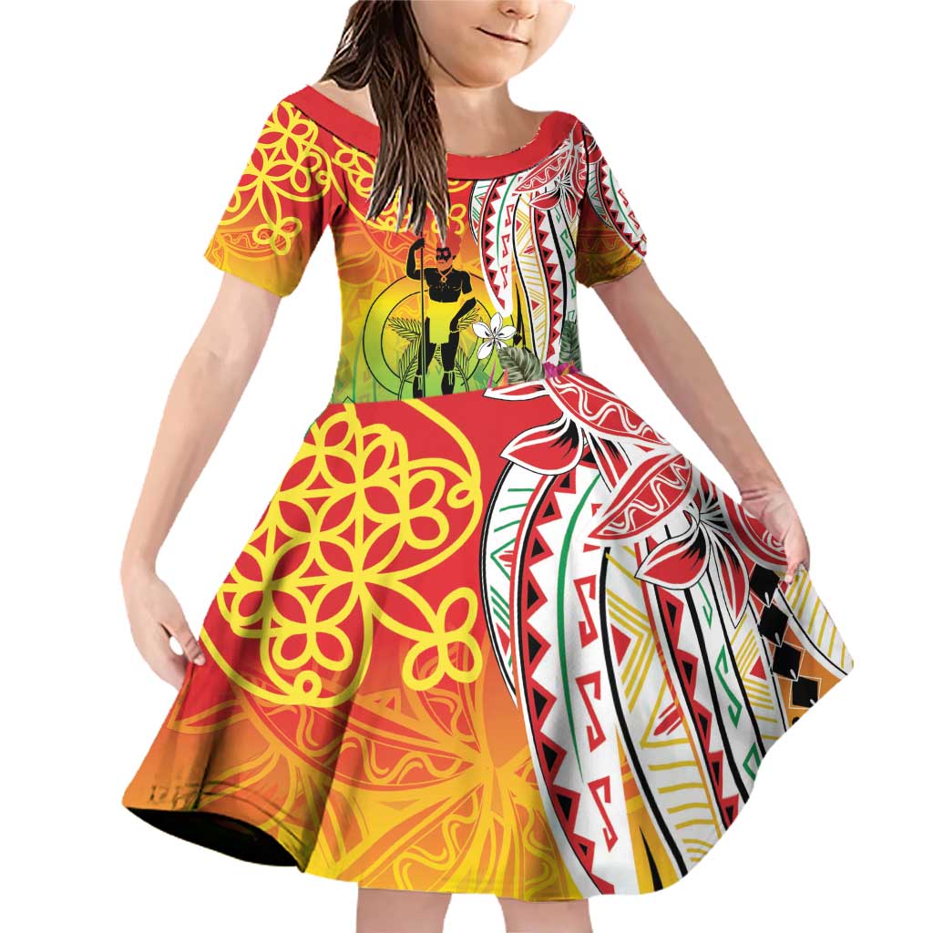 Vanuatu 45th Anniversary Family Matching Off Shoulder Short Dress and Hawaiian Shirt Polynesian with Sand Drawing Pattern LT9 Daughter's Dress Red - Polynesian Pride