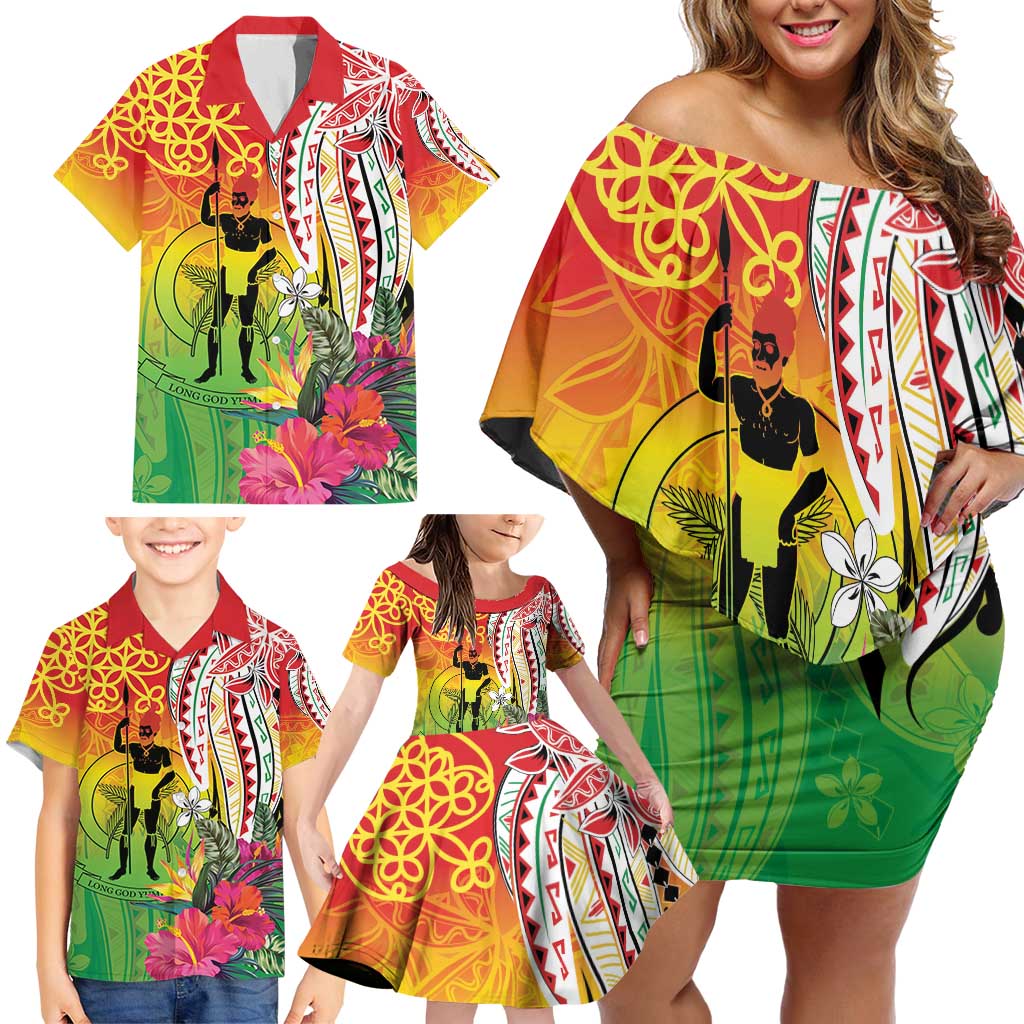 Vanuatu 45th Anniversary Family Matching Off Shoulder Short Dress and Hawaiian Shirt Polynesian with Sand Drawing Pattern LT9 - Polynesian Pride