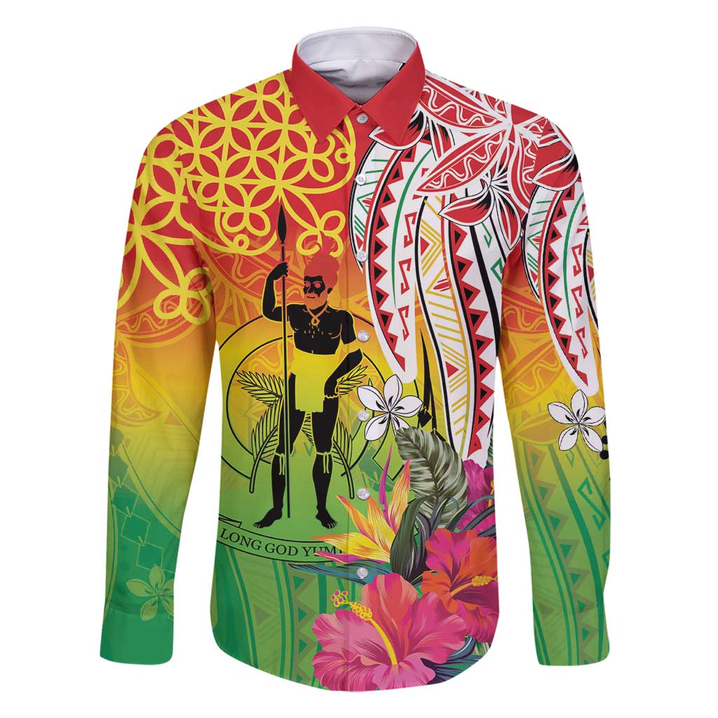 Vanuatu 45th Anniversary Family Matching Off Shoulder Short Dress and Hawaiian Shirt Polynesian with Sand Drawing Pattern LT9 Dad's Shirt - Long Sleeve Red - Polynesian Pride