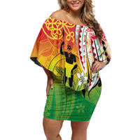 Vanuatu 45th Anniversary Family Matching Off Shoulder Short Dress and Hawaiian Shirt Polynesian with Sand Drawing Pattern LT9 Mom's Dress Red - Polynesian Pride