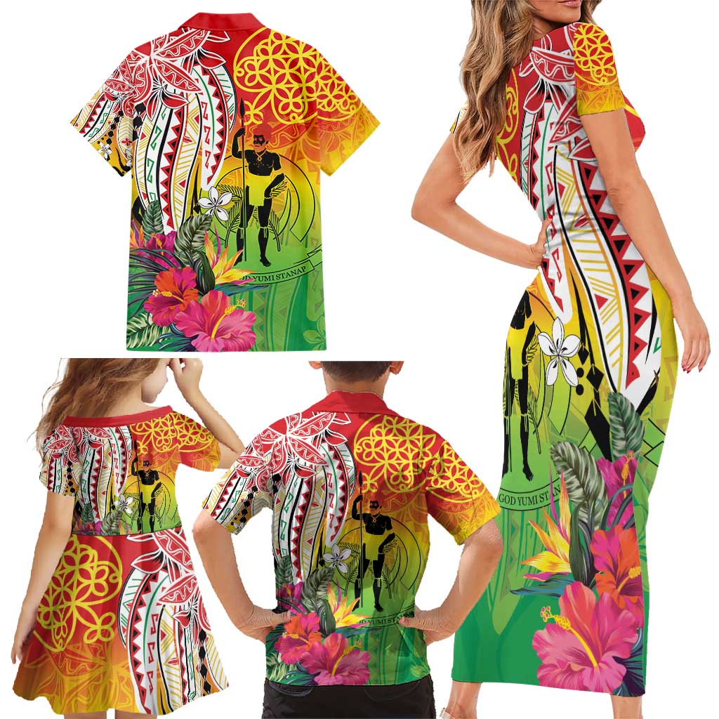 Vanuatu 45th Anniversary Family Matching Short Sleeve Bodycon Dress and Hawaiian Shirt Polynesian with Sand Drawing Pattern