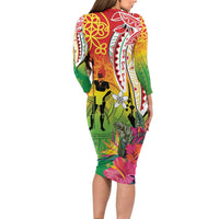Vanuatu 45th Anniversary Long Sleeve Bodycon Dress Polynesian with Sand Drawing Pattern