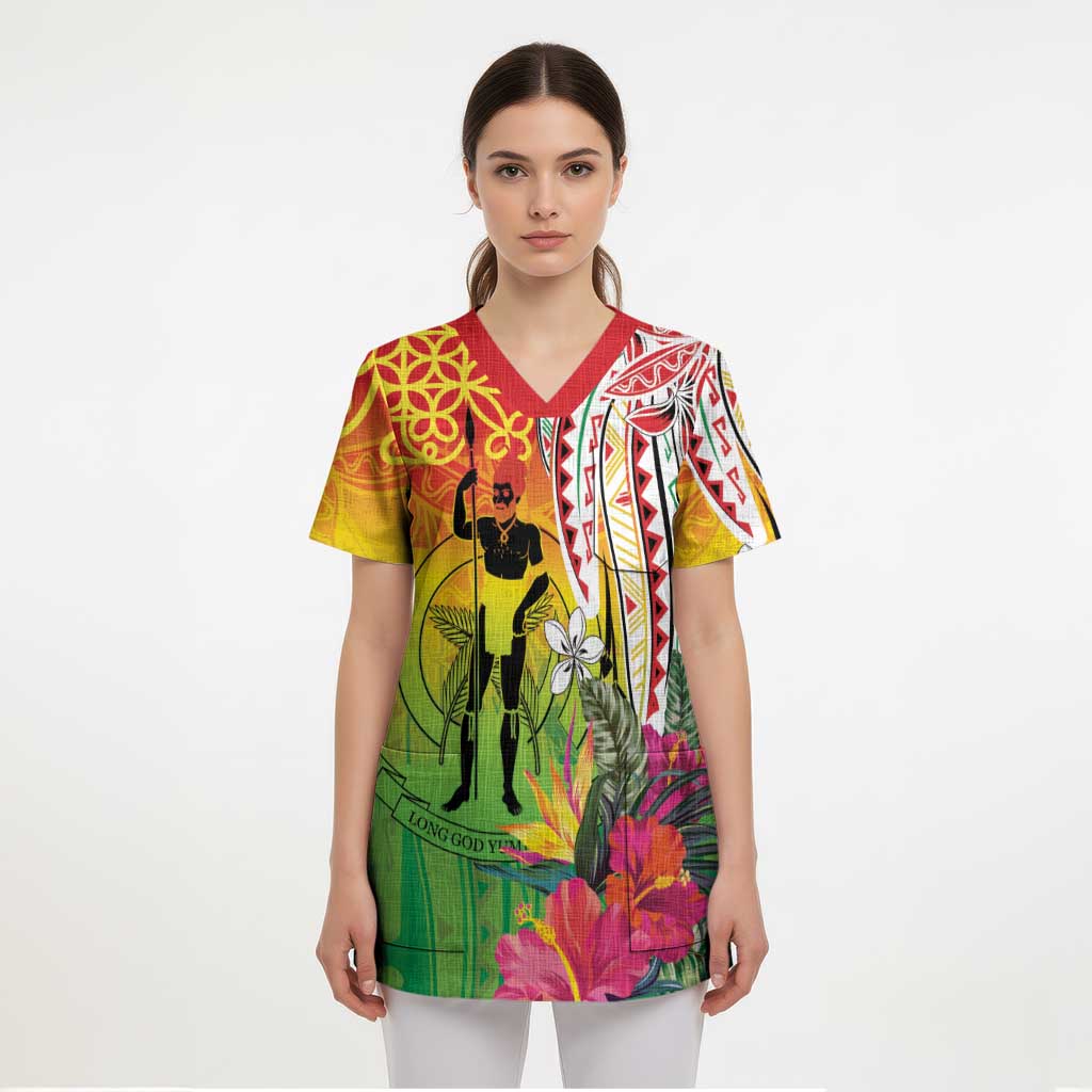 Vanuatu 45th Anniversary Scrub Top Polynesian with Sand Drawing Pattern - Polynesian Pride