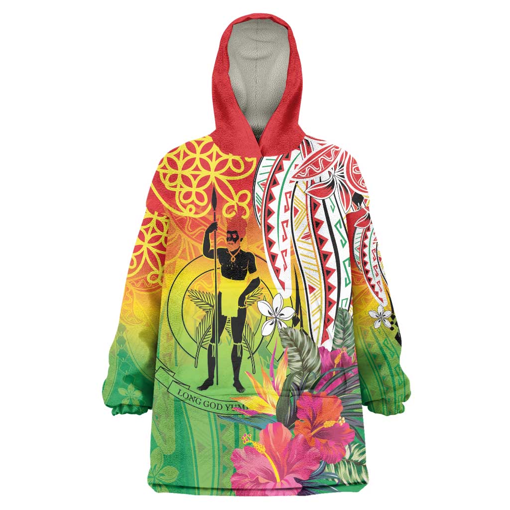 Vanuatu 45th Anniversary Wearable Blanket Hoodie Polynesian with Sand Drawing Pattern