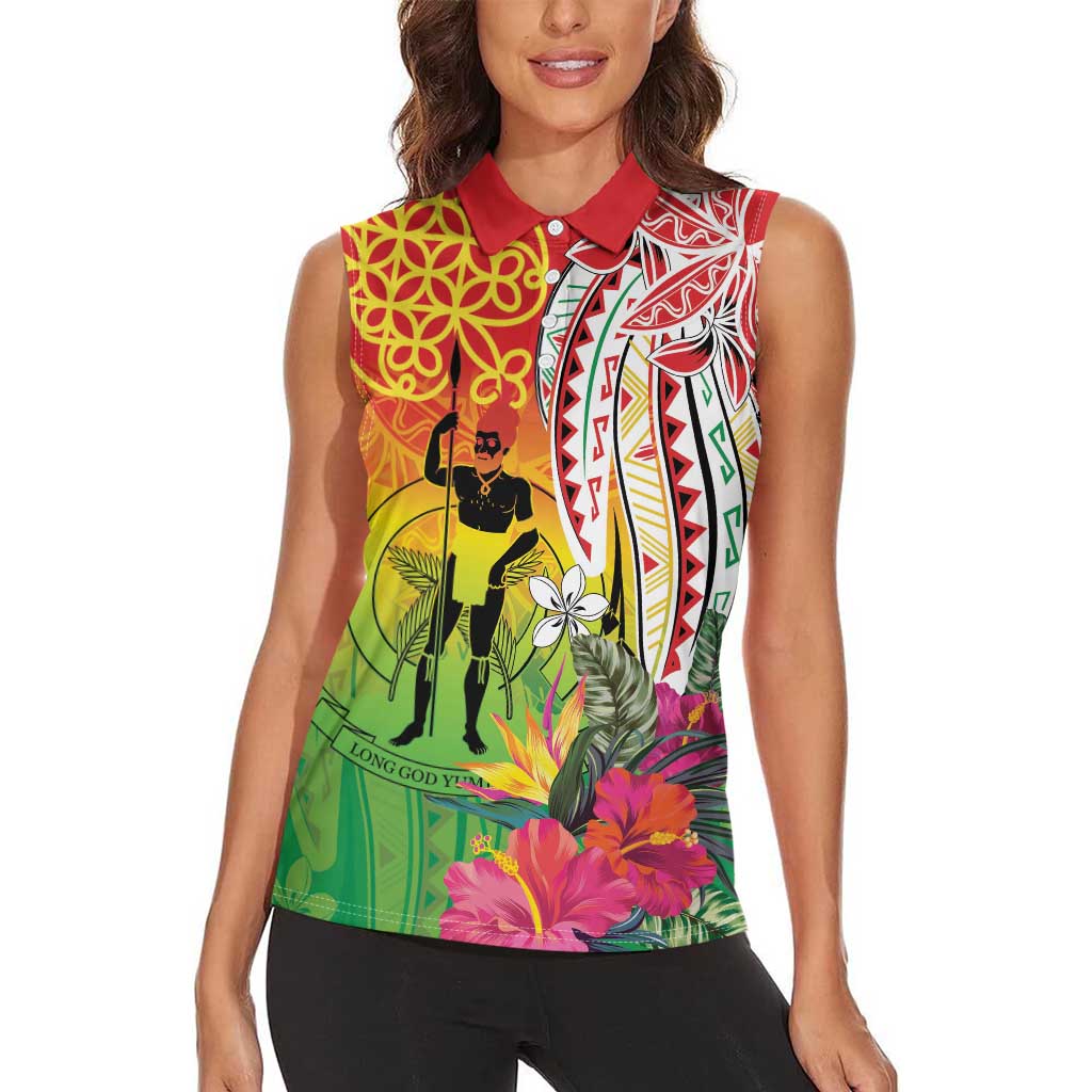 Vanuatu 45th Anniversary Women Sleeveless Polo Shirt Polynesian with Sand Drawing Pattern LT9 - Polynesian Pride