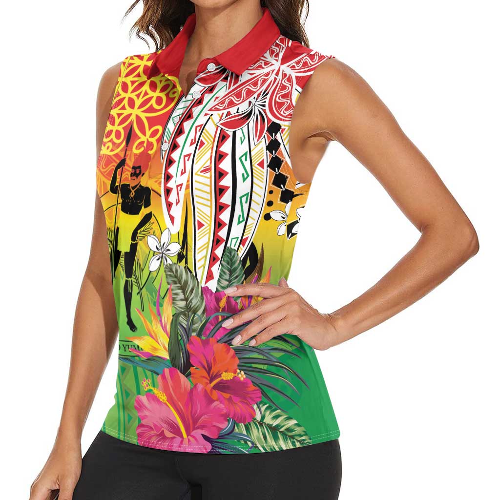 Vanuatu 45th Anniversary Women Sleeveless Polo Shirt Polynesian with Sand Drawing Pattern LT9 - Polynesian Pride