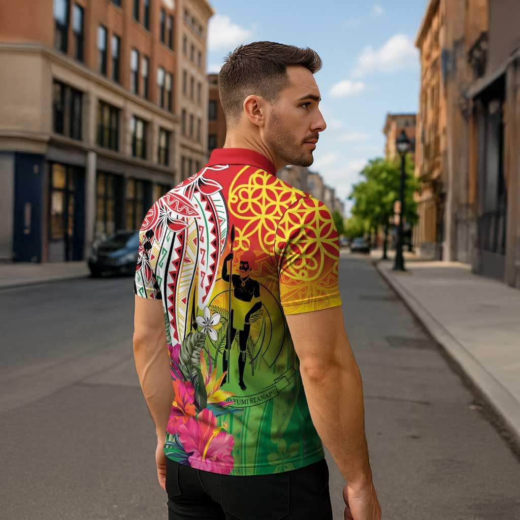 Vanuatu 45th Anniversary Zipper Polo Shirt Polynesian with Sand Drawing Pattern - Polynesian Pride