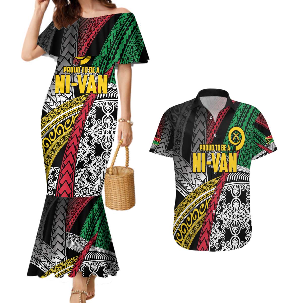 Vanuatu Proud to be Ni-van Personalised Couples Matching Mermaid Dress and Hawaiian Shirt with Mutis En Atan Patterns