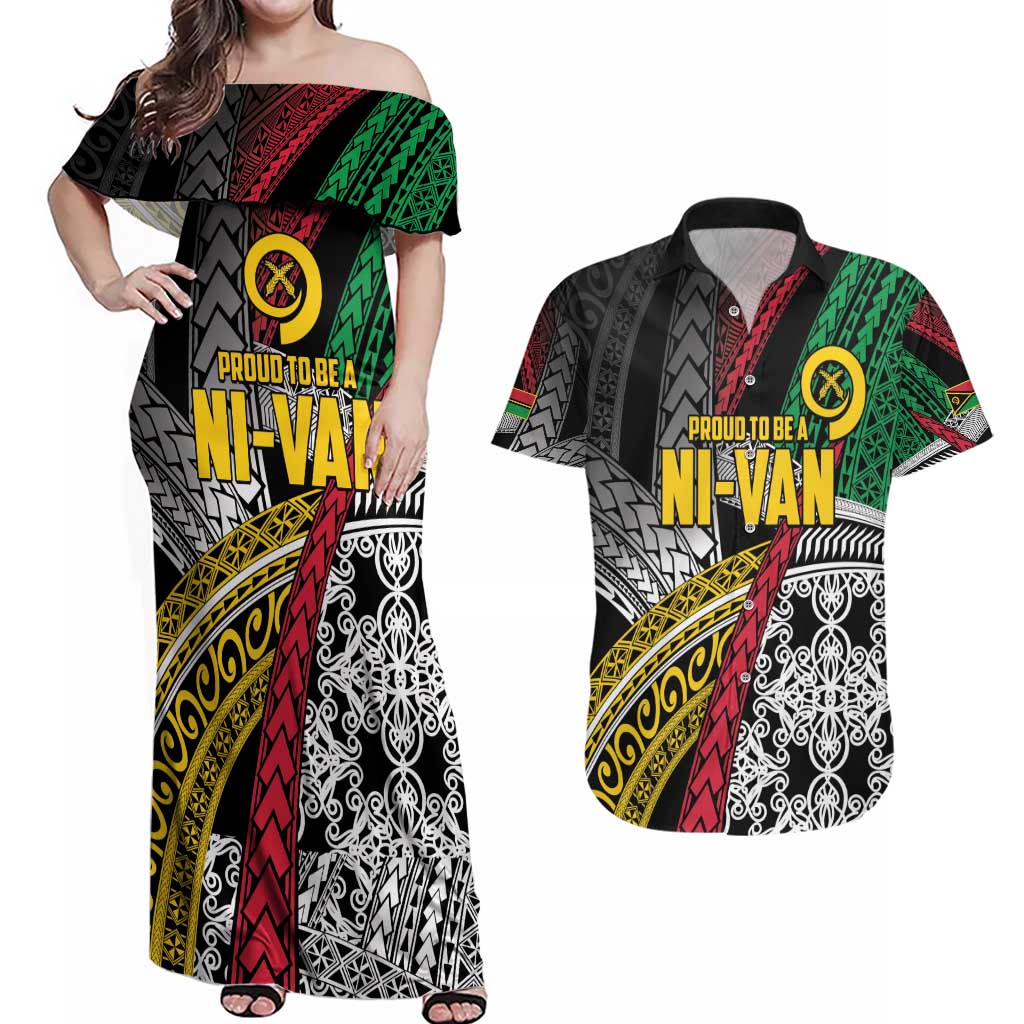 Vanuatu Proud to be Ni-van Personalised Couples Matching Off Shoulder Maxi Dress and Hawaiian Shirt with Mutis En Atan Patterns