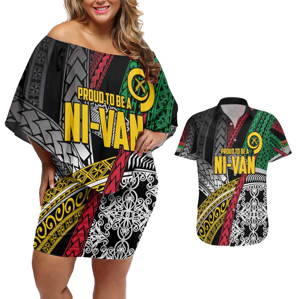 Vanuatu Proud to be Ni-van Personalised Couples Matching Off Shoulder Short Dress and Hawaiian Shirt with Mutis En Atan Patterns