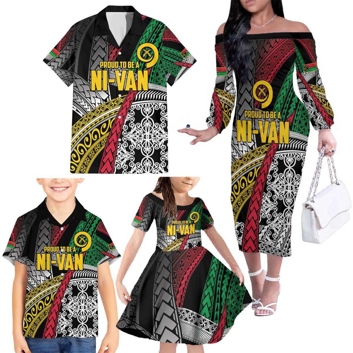 Vanuatu Proud to be Ni-van Personalised Family Matching Off The Shoulder Long Sleeve Dress and Hawaiian Shirt with Mutis En Atan Patterns