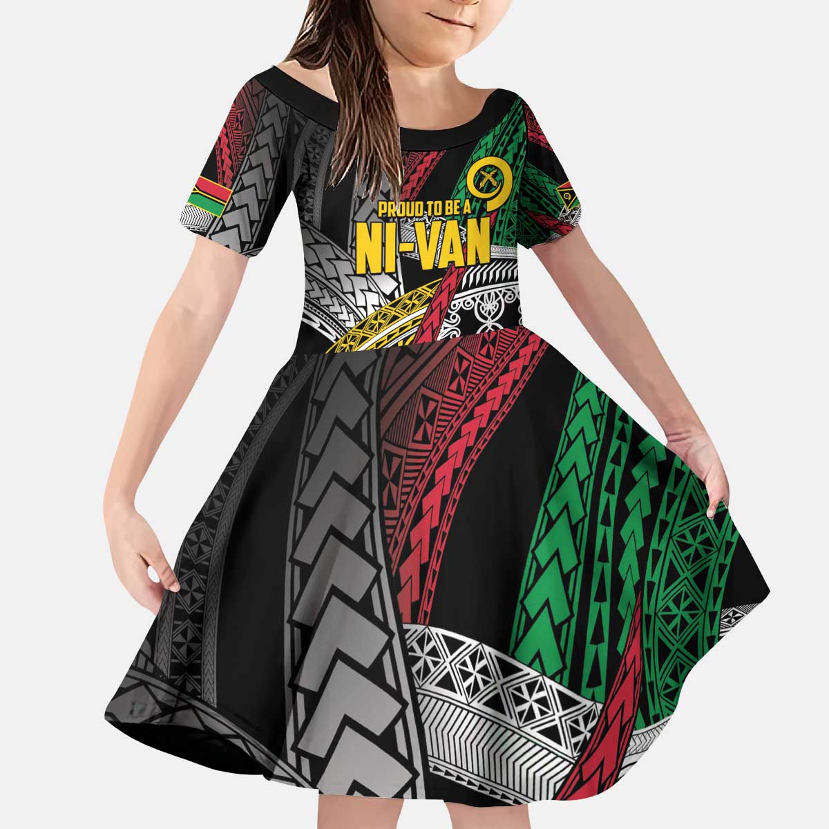 Vanuatu Proud to be Ni-van Personalised Kid Short Sleeve Dress with Mutis En Atan Patterns