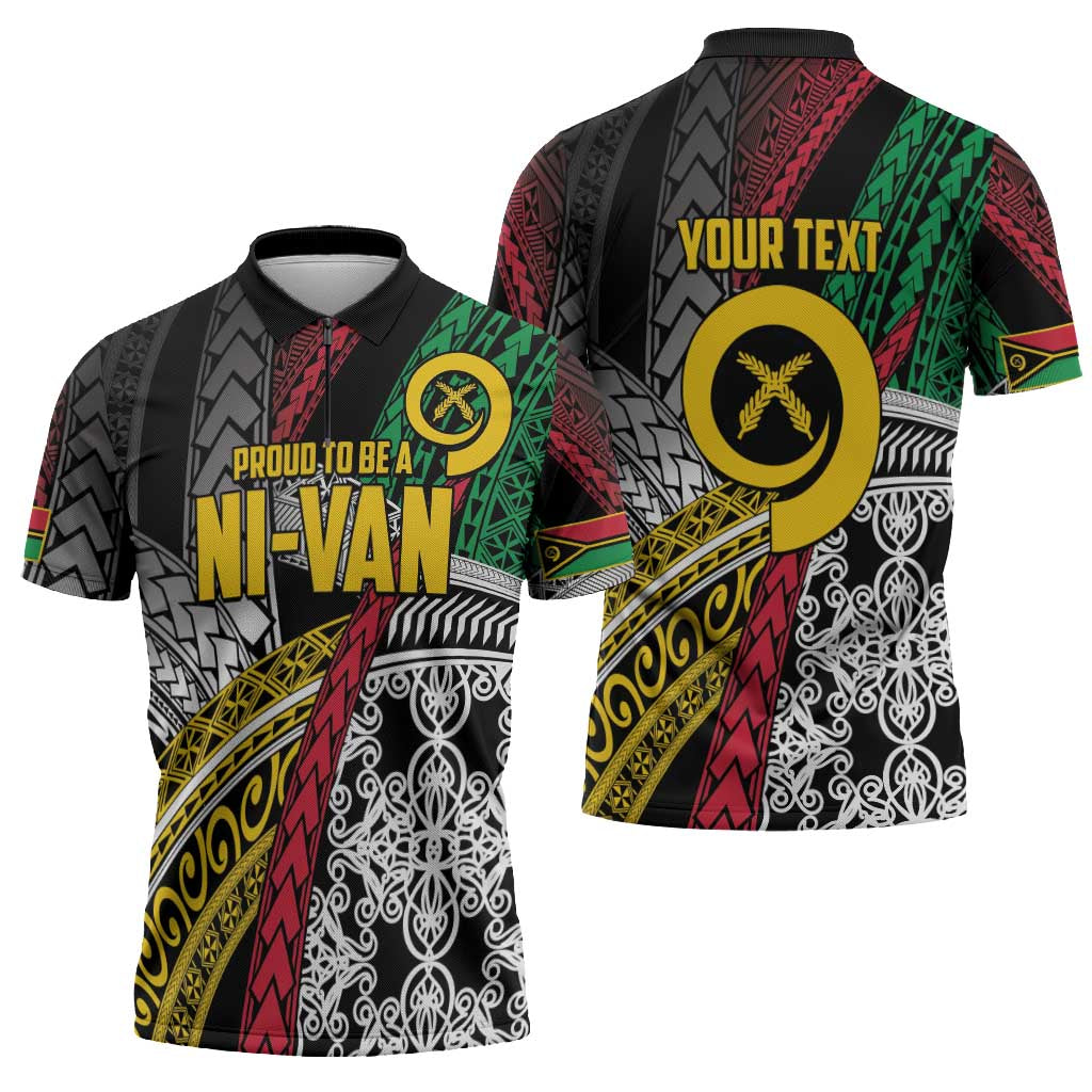 Vanuatu Proud to be Ni-van Personalised Zipper Polo Shirt with Mutis En Atan Patterns - Polynesian Pride