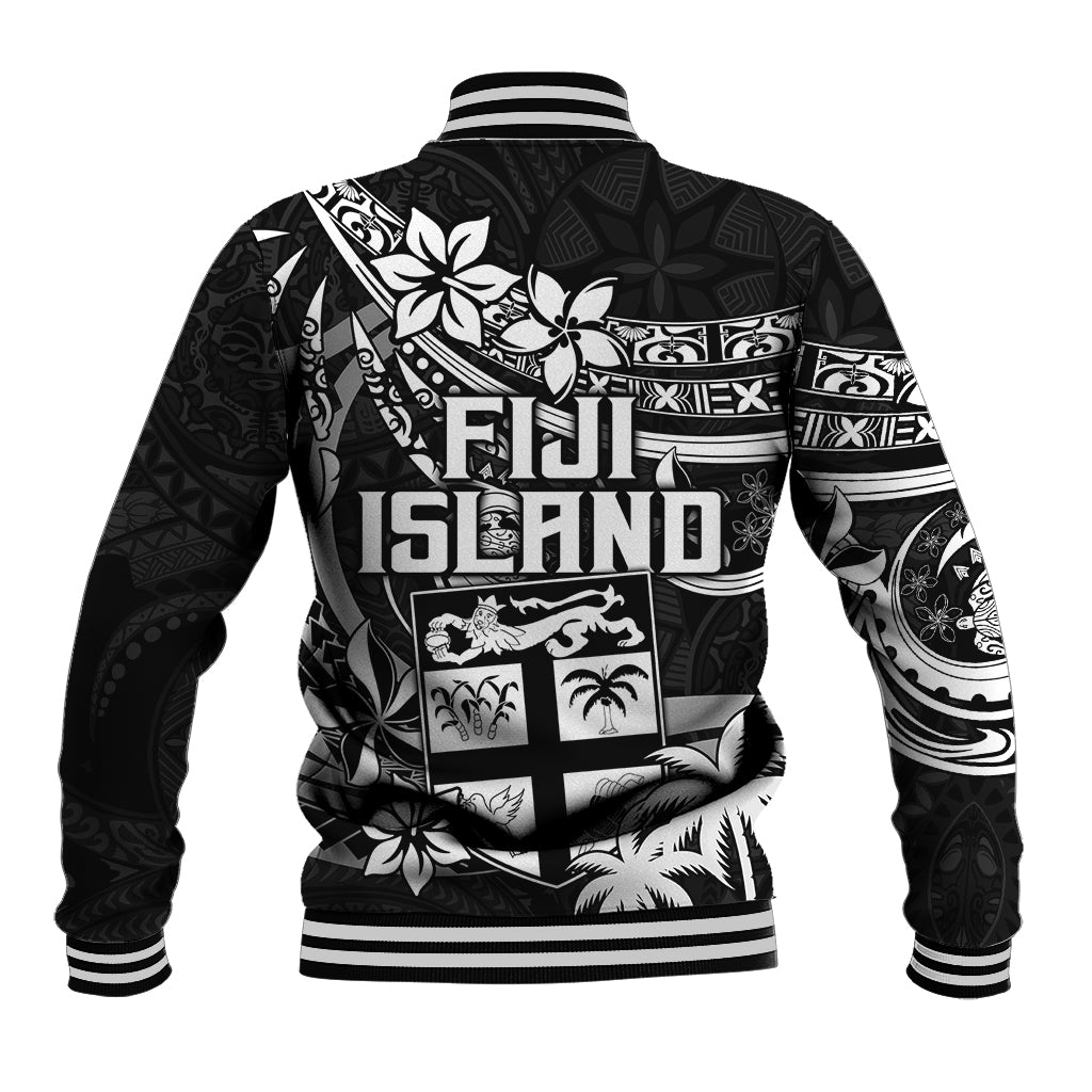 Fiji Islands Baseball Jacket Coat of Arms Fijian Flower Polynesian Pattern - Black LT9 - Polynesian Pride