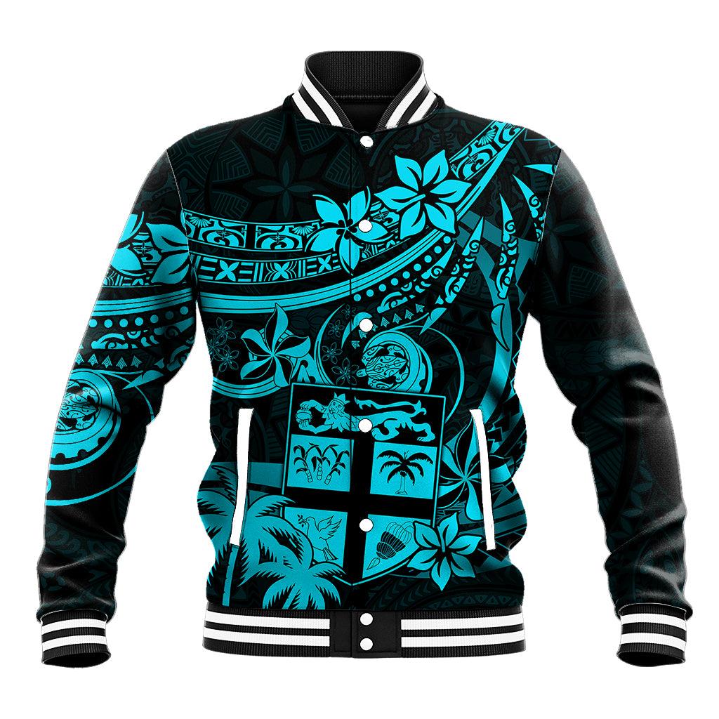 Fiji Islands Baseball Jacket Coat of Arms Fijian Flower Polynesian Pattern - Aqua LT9 Unisex Aqua - Polynesian Pride