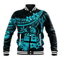 Fiji Islands Baseball Jacket Coat of Arms Fijian Flower Polynesian Pattern - Aqua LT9 Unisex Aqua - Polynesian Pride