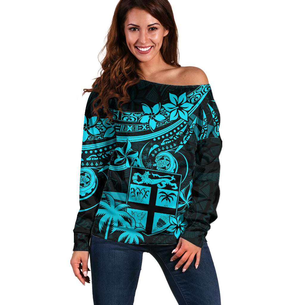 Fiji Islands Off Shoulder Sweater Coat of Arms Fijian Flower Polynesian Pattern - Aqua LT9 Women Aqua - Polynesian Pride