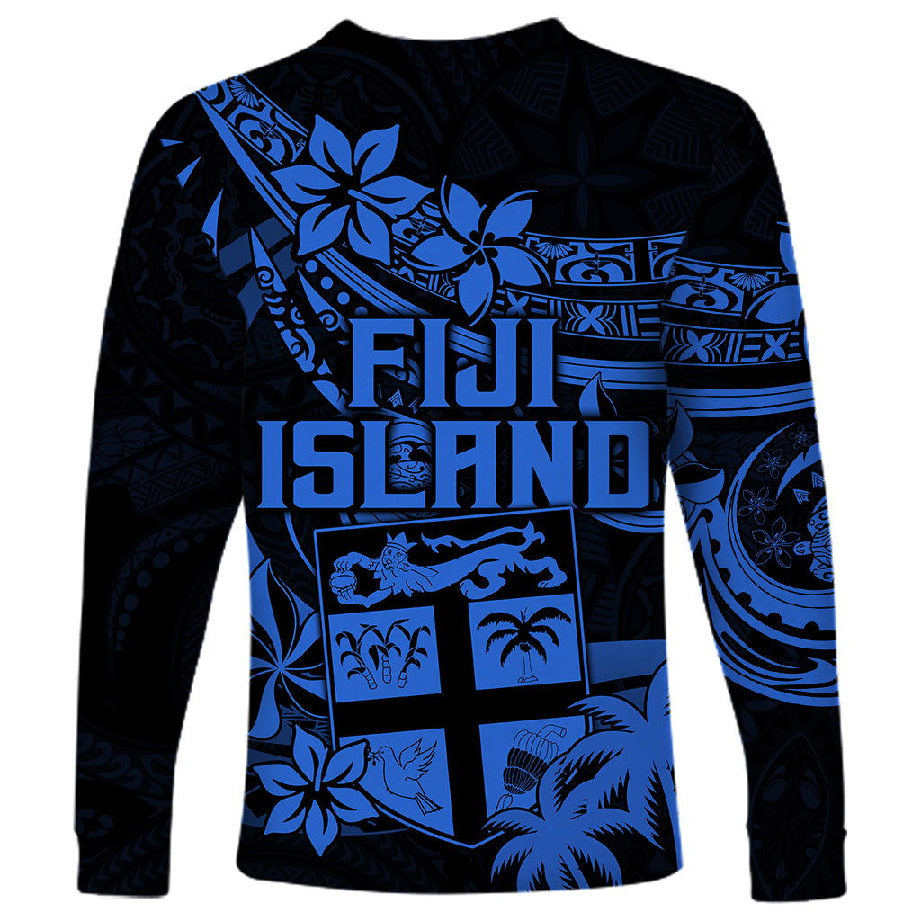 Fiji Islands Long Sleeve Shirt Coat of Arms Fijian Flower Polynesian Pattern - Blue LT9 - Polynesian Pride