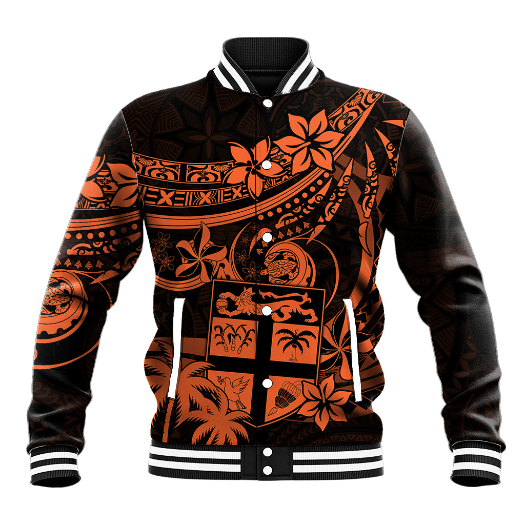 Fiji Islands Baseball Jacket Coat of Arms Fijian Flower Polynesian Pattern - Orange LT9 Unisex Orange - Polynesian Pride