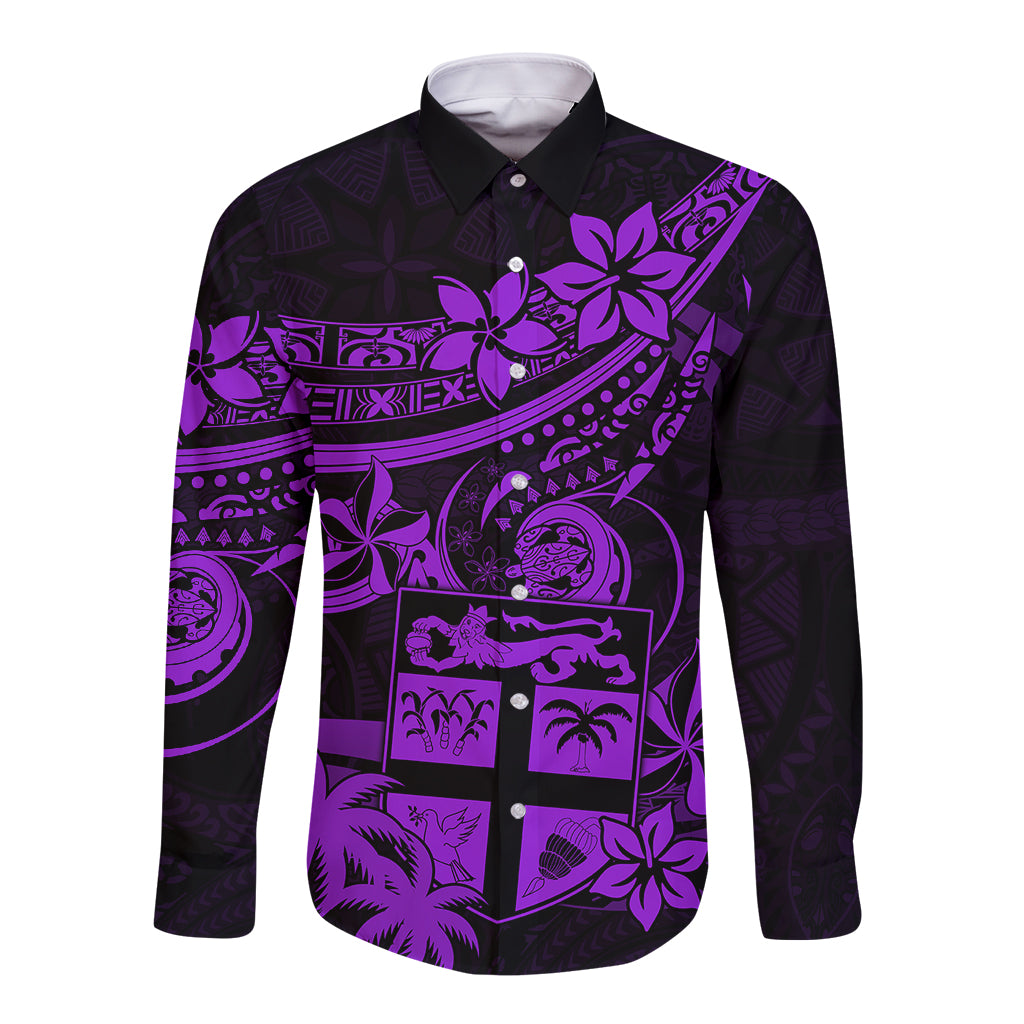 Fiji Islands Long Sleeve Button Shirt Coat of Arms Fijian Flower Polynesian Pattern - Purple LT9 Unisex Purple - Polynesian Pride