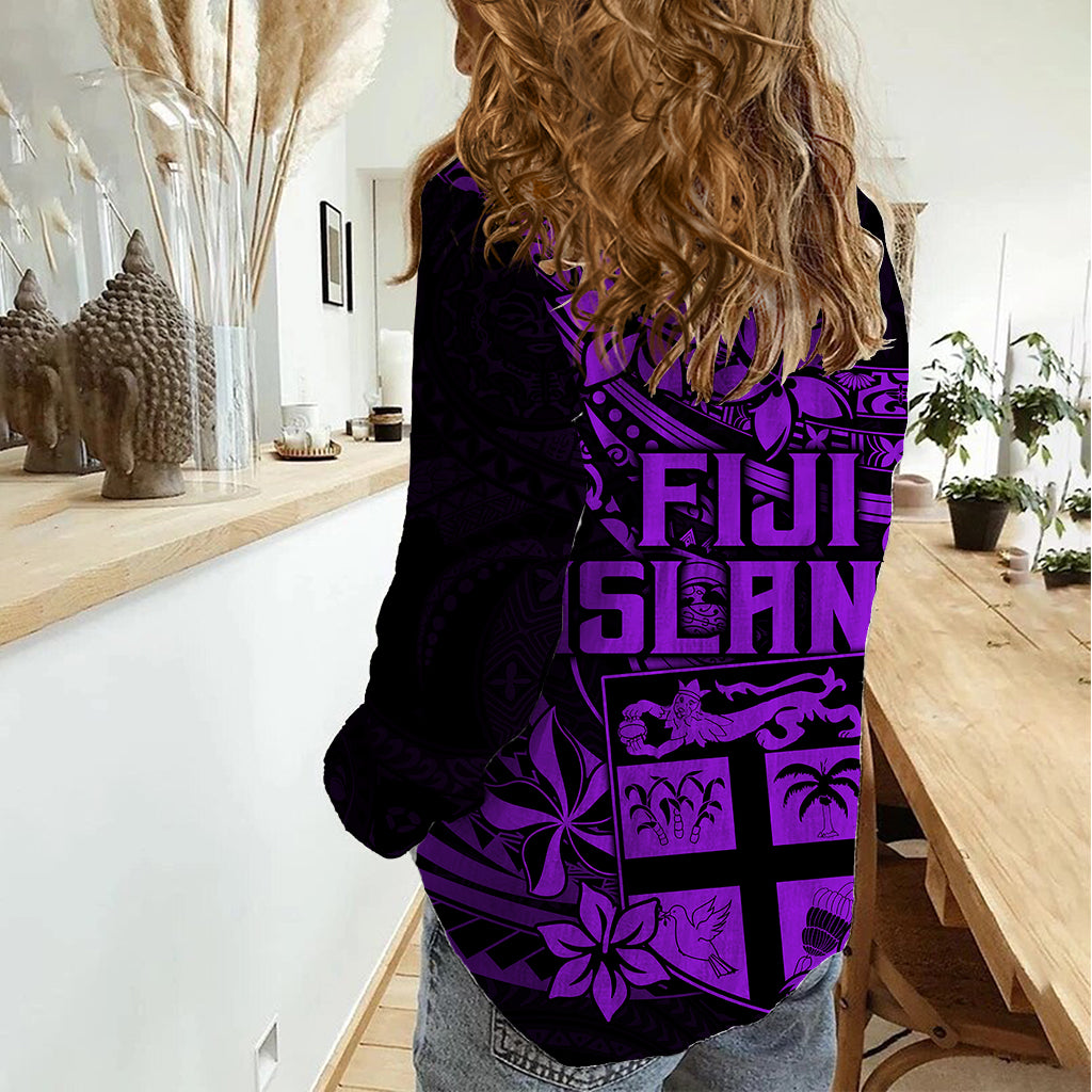Fiji Islands Women Casual Shirt Coat of Arms Fijian Flower Polynesian Pattern - Purple LT9 - Polynesian Pride