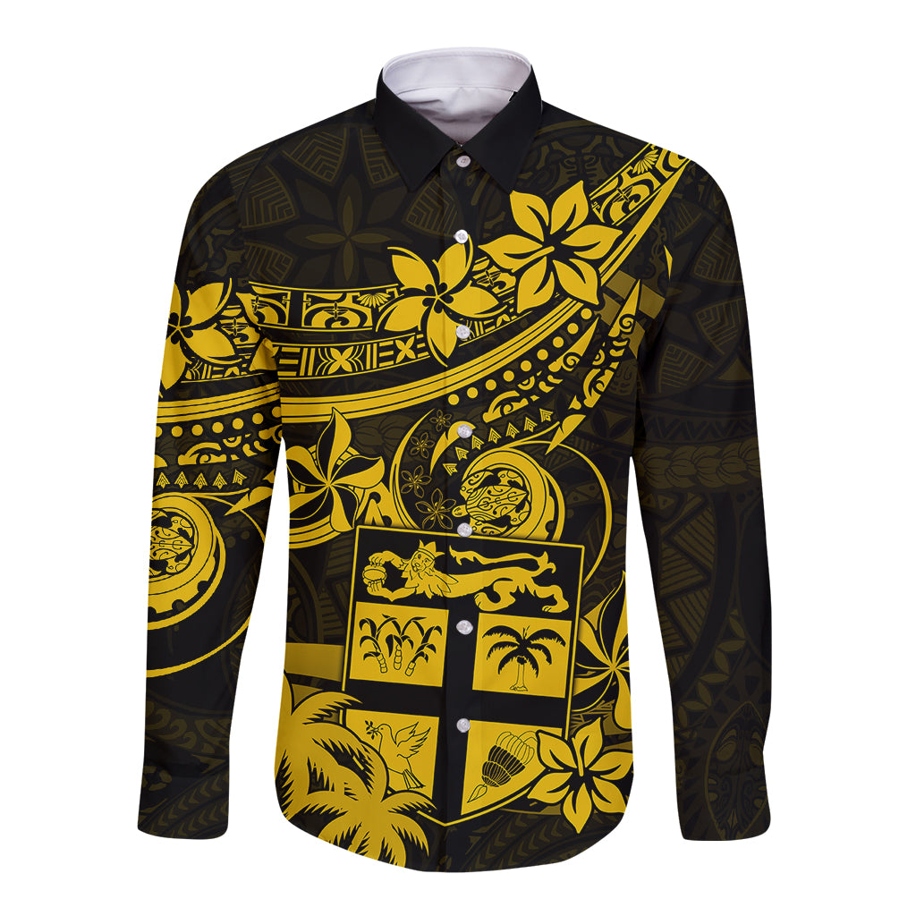 Fiji Islands Long Sleeve Button Shirt Coat of Arms Fijian Flower Polynesian Pattern - Yellow LT9 Unisex Yellow - Polynesian Pride