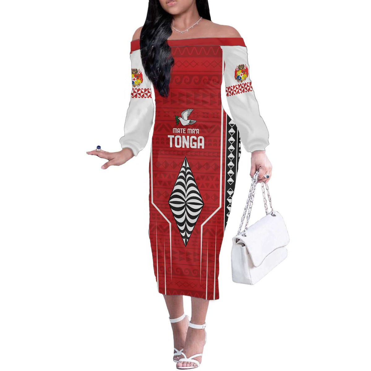 Custom Tonga Rugby Off The Shoulder Long Sleeve Dress Mate Maa Kupesi Style LT9 Women Red - Polynesian Pride