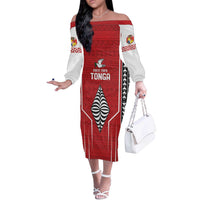Custom Tonga Rugby Off The Shoulder Long Sleeve Dress Mate Maa Kupesi Style LT9 Women Red - Polynesian Pride