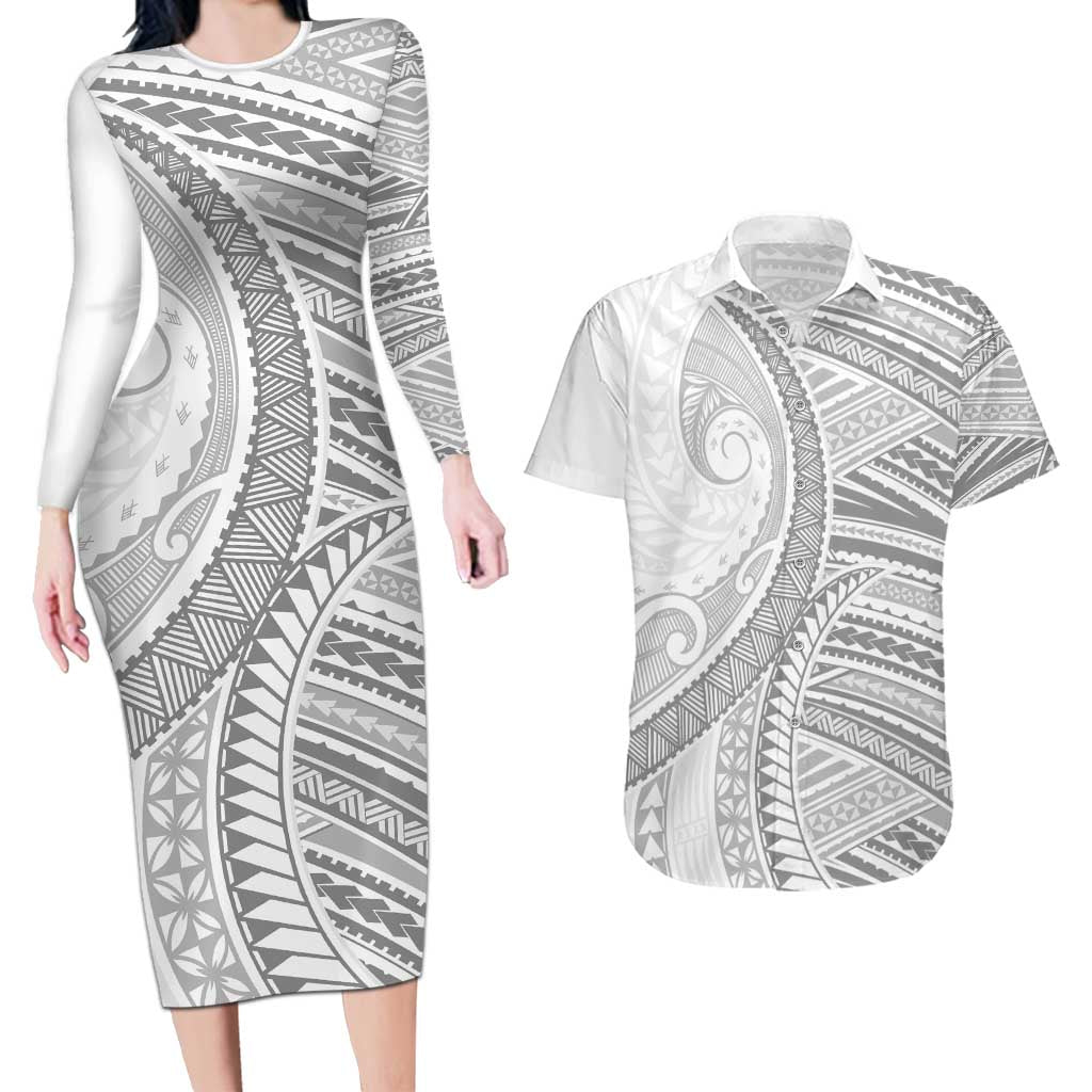 American Samoa White Sunday Couples Matching Long Sleeve Bodycon Dress and Hawaiian Shirt Polynesian Lotu Tamaiti - Polynesian Pride
