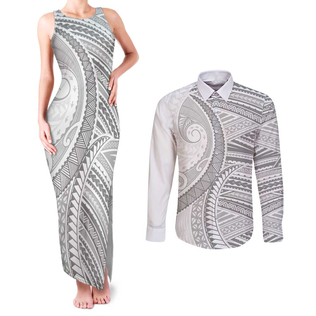 American Samoa White Sunday Couples Matching Tank Maxi Dress and Long Sleeve Button Shirt Polynesian Lotu Tamaiti - Polynesian Pride