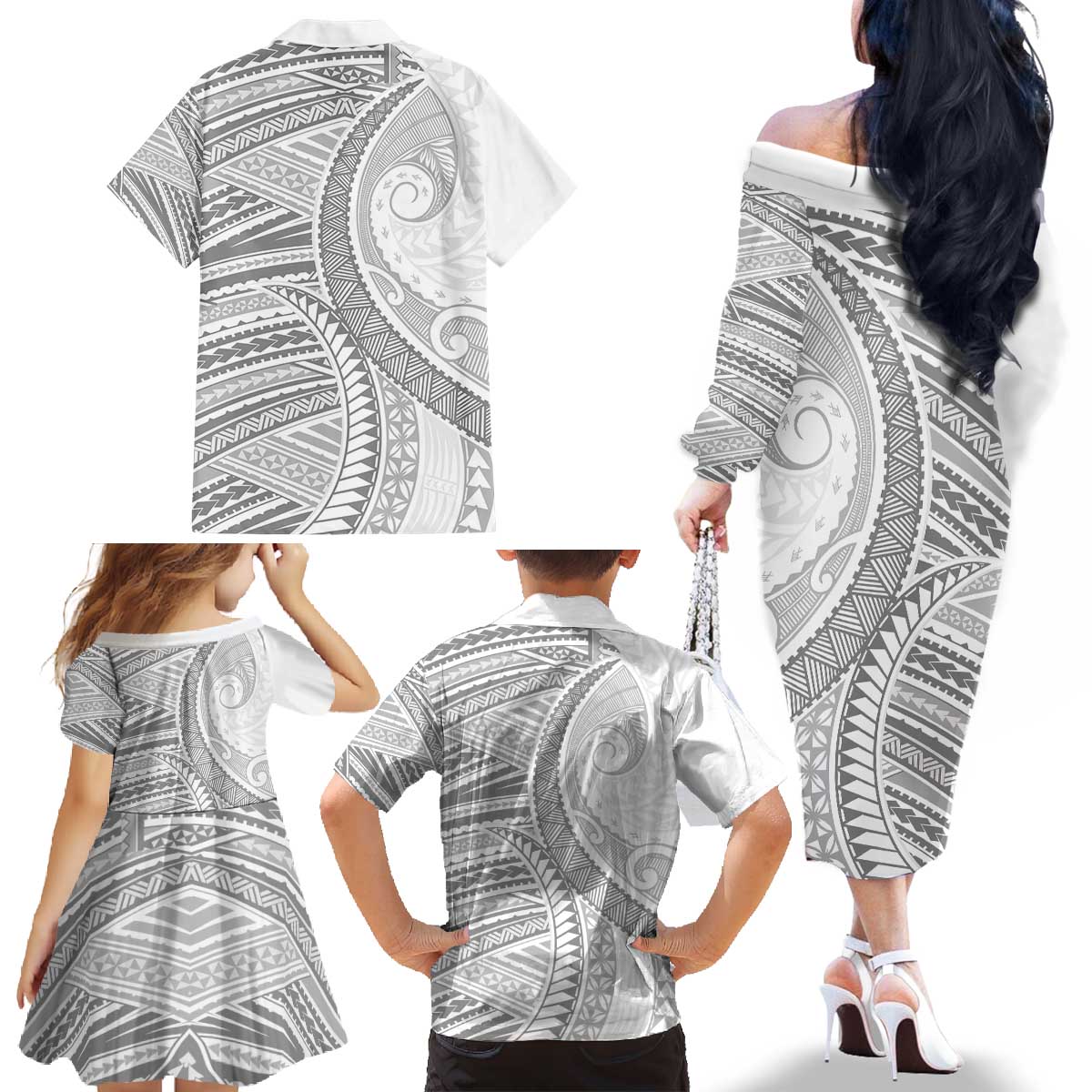 American Samoa White Sunday Family Matching Off The Shoulder Long Sleeve Dress and Hawaiian Shirt Polynesian Lotu Tamaiti - Polynesian Pride