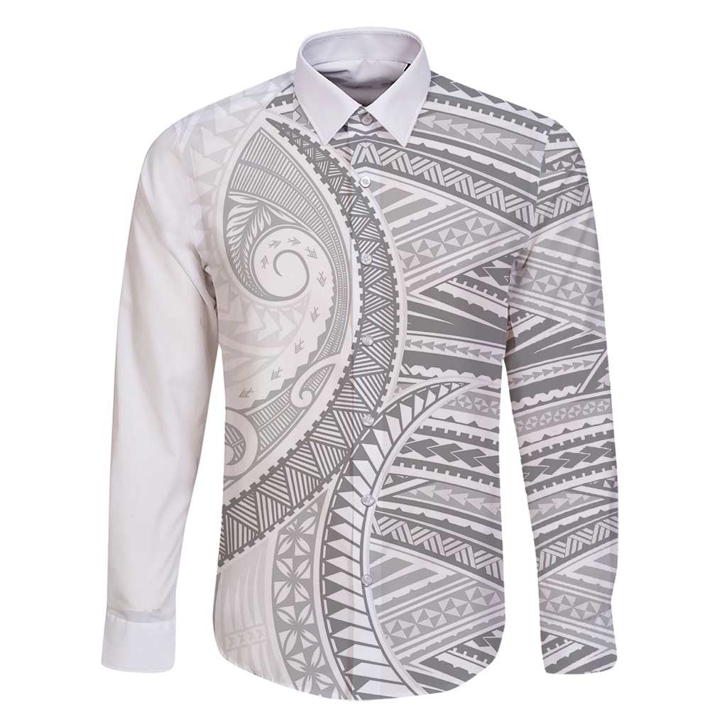 American Samoa White Sunday Family Matching Off Shoulder Maxi Dress and Hawaiian Shirt Polynesian Lotu Tamaiti LT9 Dad's Shirt - Long Sleeve White - Polynesian Pride