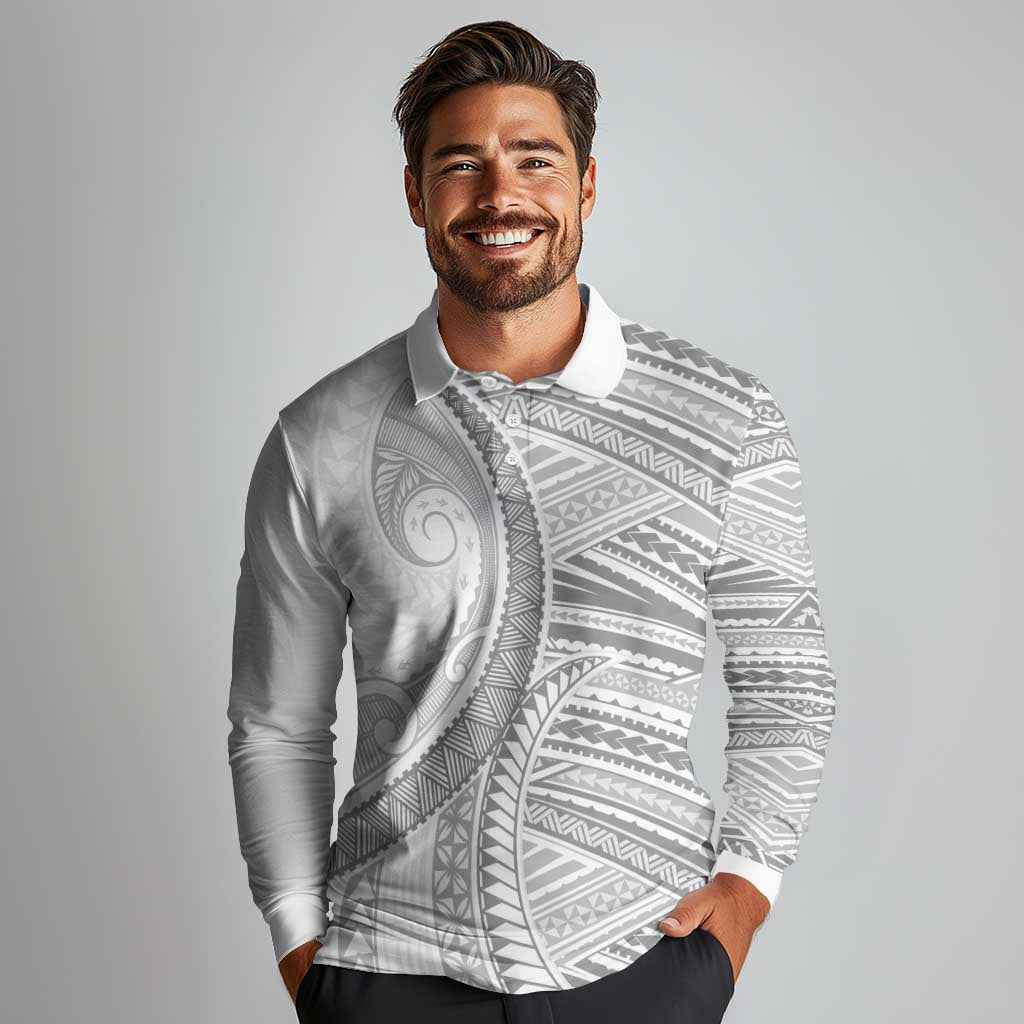 American Samoa White Sunday Long Sleeve Polo Shirt Polynesian Lotu Tamaiti - Polynesian Pride