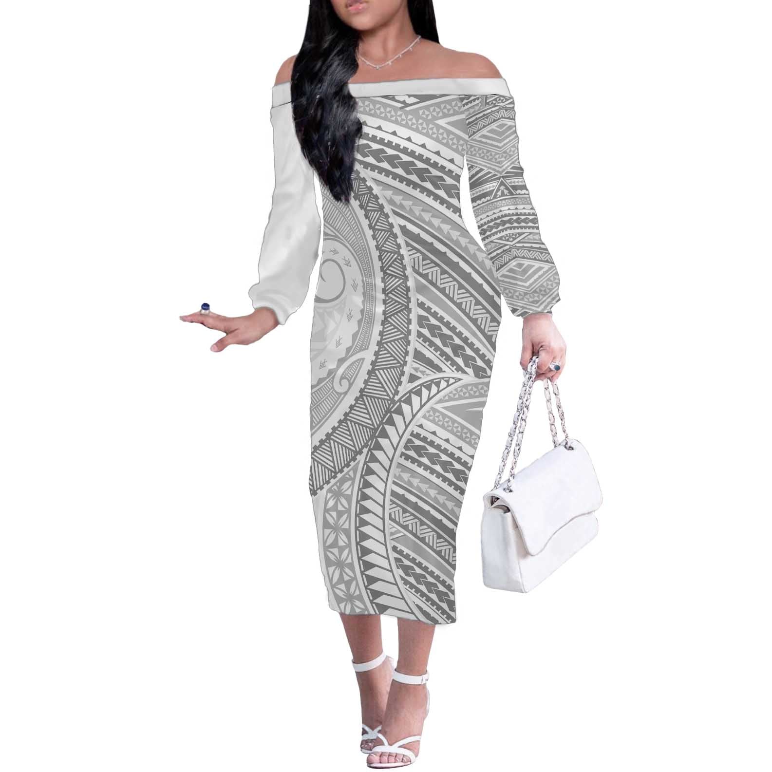 American Samoa White Sunday Off The Shoulder Long Sleeve Dress Polynesian Lotu Tamaiti - Polynesian Pride