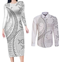 Niue White Sunday Couples Matching Long Sleeve Bodycon Dress and Long Sleeve Button Shirt Niuean Lotu Tamaiti Hiapo Pattern - Polynesian Pride